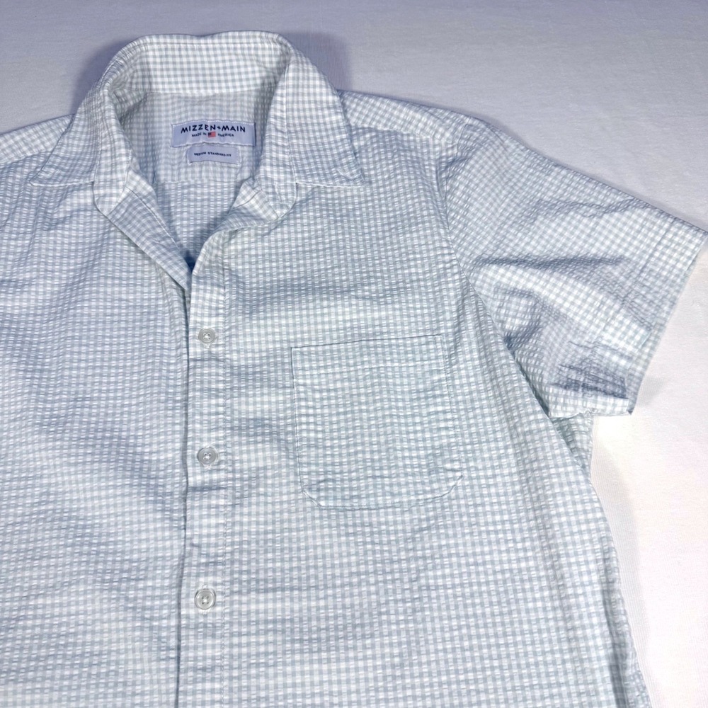 Mizzen + Main Shirt Medium Blue Gingham Seersucker Short‎ Sleeve Standard Fit